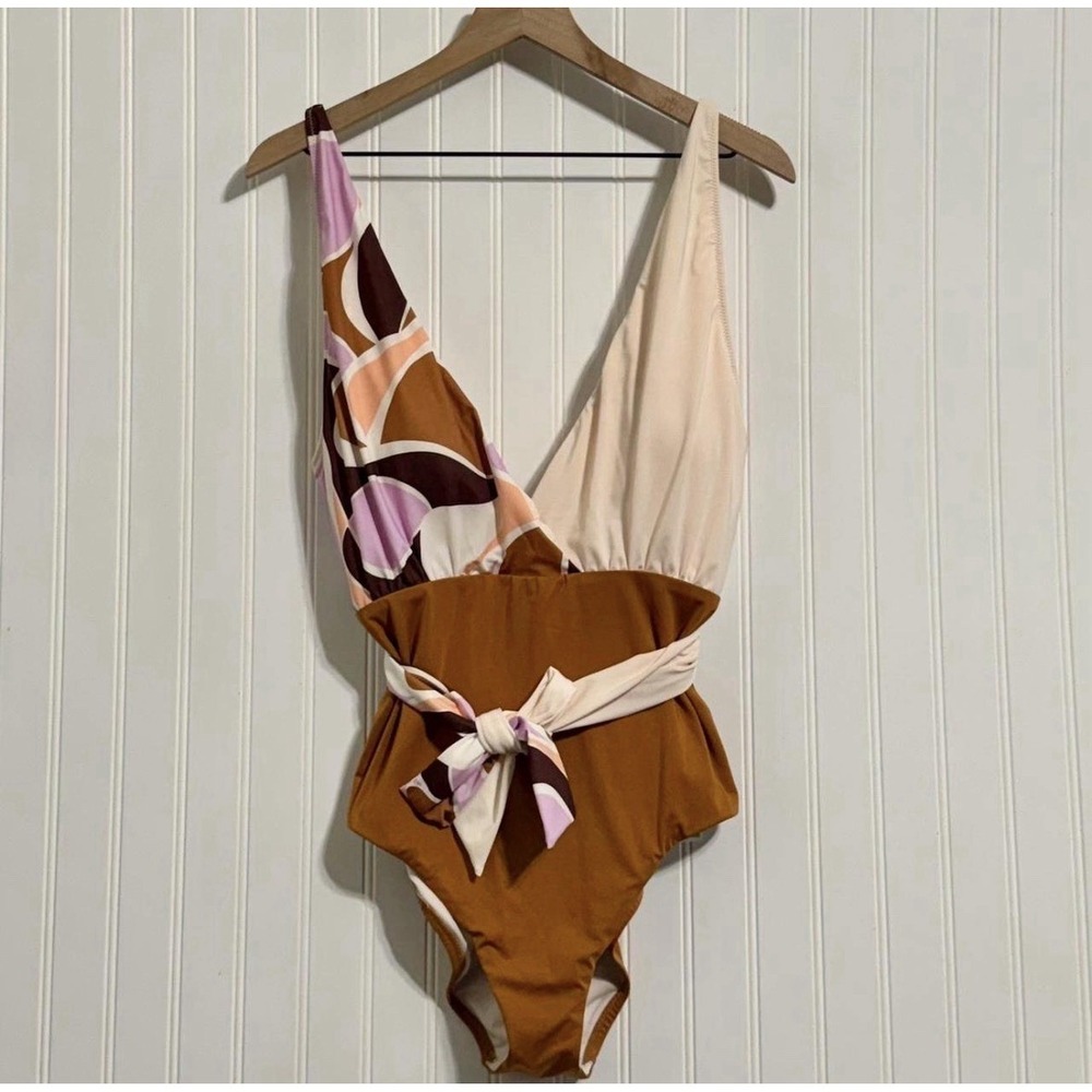 NWT Sanctuary Swim Retro 70s Colorblock Wrap One Piece Swimsuit Womens XL Brown